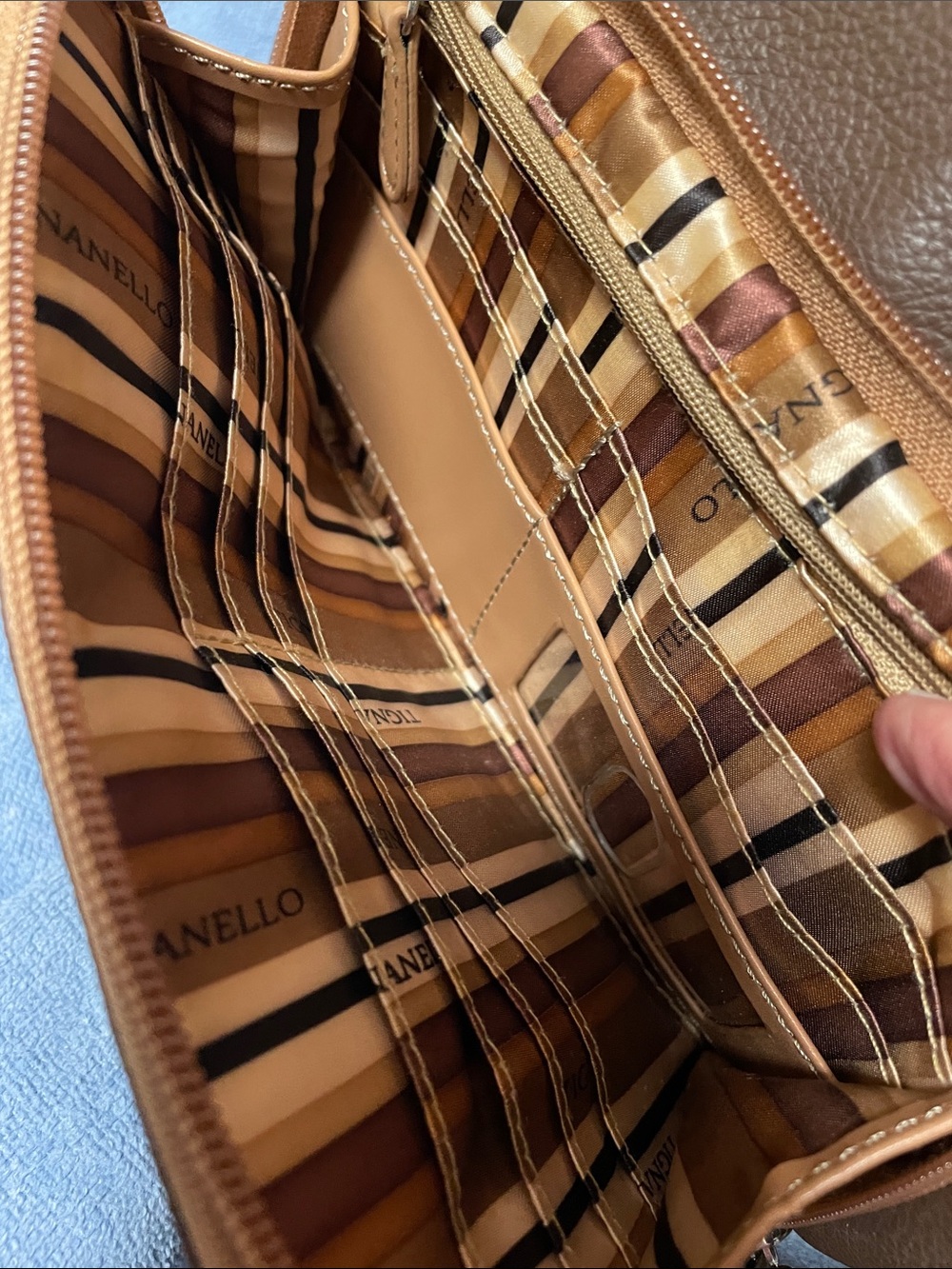 Tignanello Tan and Brown Leather Crossbody with Striped Lining - Picture 5 of 8